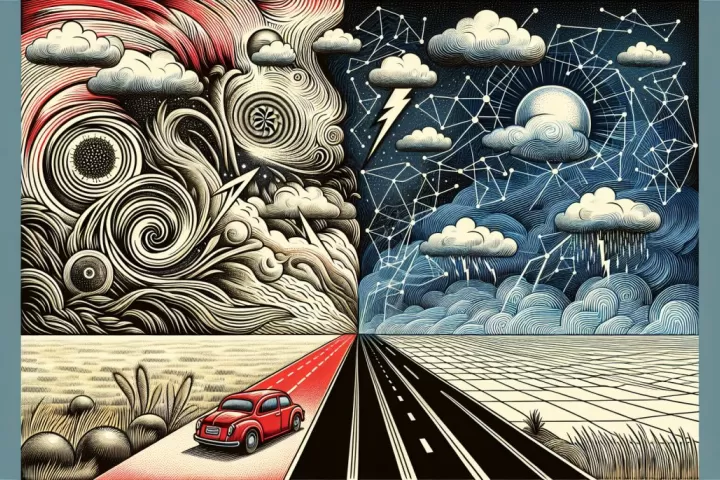 A vehicle speeding down a twisting road at night, symbolising loss of control, pressure, and uncertainty in a dream.