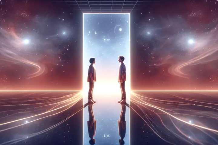 Symbolic illustration of a person facing an alternate version of themselves between two mirrored worlds