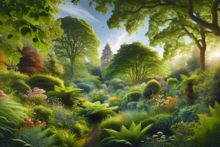 A peaceful dreamlike garden with glowing leaves and plants that seem to carry hidden messages on the wind.