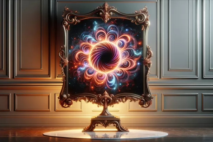 A dreamlike mirror revealing a glowing portal beyond the reflection, symbolising transition, self-discovery, and the unknown.