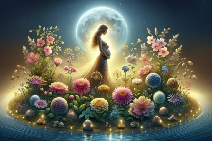 Symbolic illustration of a serene figure in a moonlit garden with flowers and glowing light representing pregnancy dreams and new beginnings