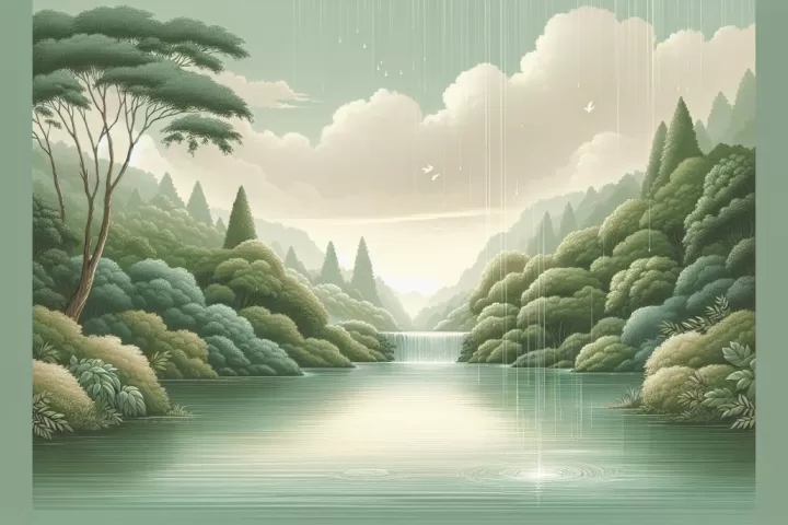 Rain falling over a calm landscape, symbolising emotional release, renewal, and reflection in dreams.