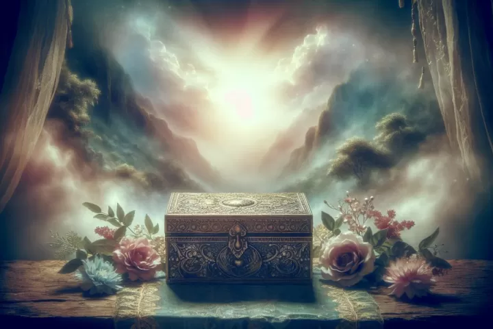 A dreamlike illustration of a deceased loved one offering a wrapped gift in a soft glowing landscape.
