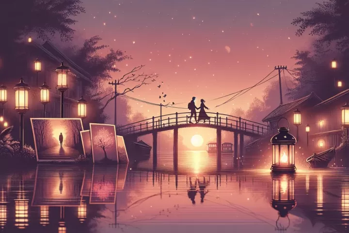 Symbolic illustration of two former lovers meeting across a glowing bridge at twilight with a rekindled lantern