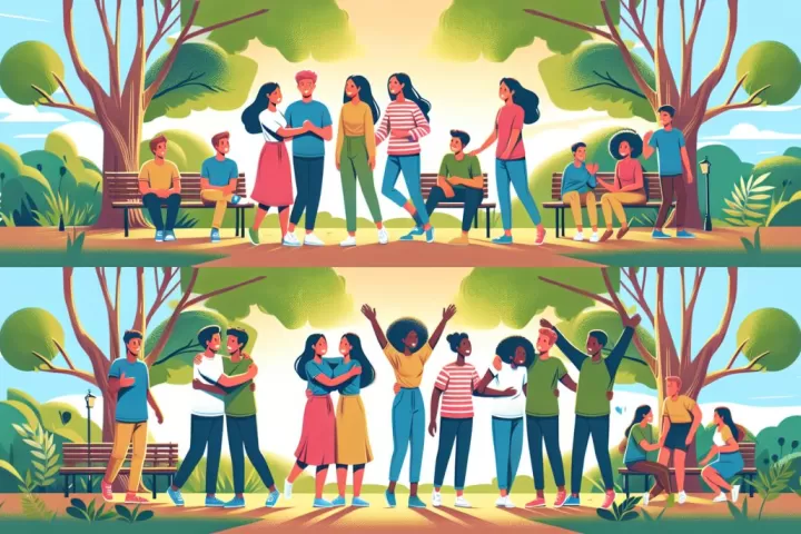 A warm dreamlike reunion with old friends in a nostalgic glowing setting