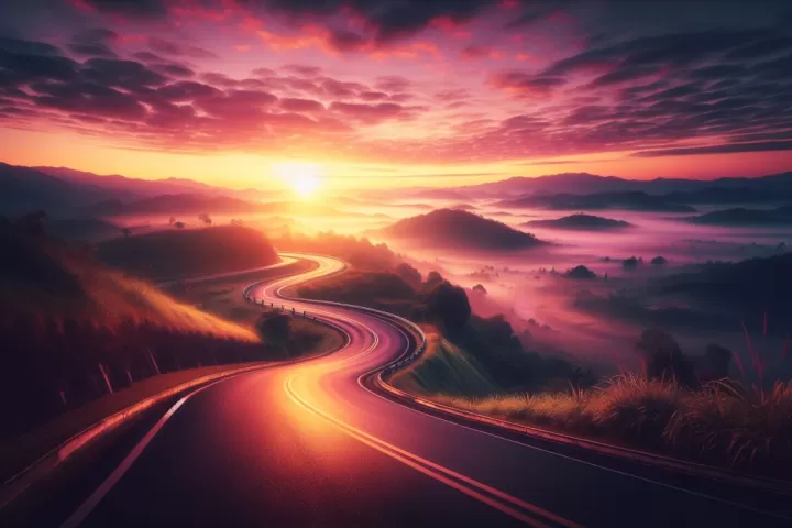 A symbolic dreamlike road stretching through a glowing landscape at sunrise.