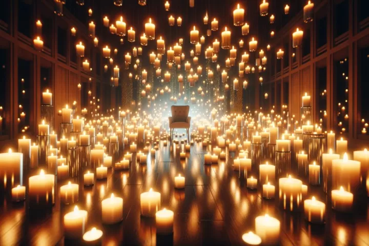 A dreamlike candlelit room glowing softly with warm golden light and deep shadows.