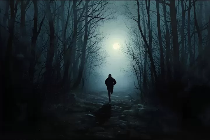 A lone figure running through darkness on an uncertain path.