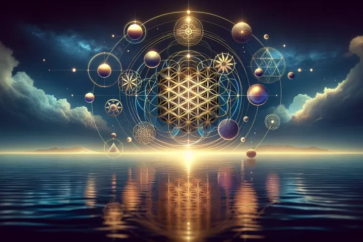 Symbolic illustration of glowing sacred geometry patterns in a night sky above calm water