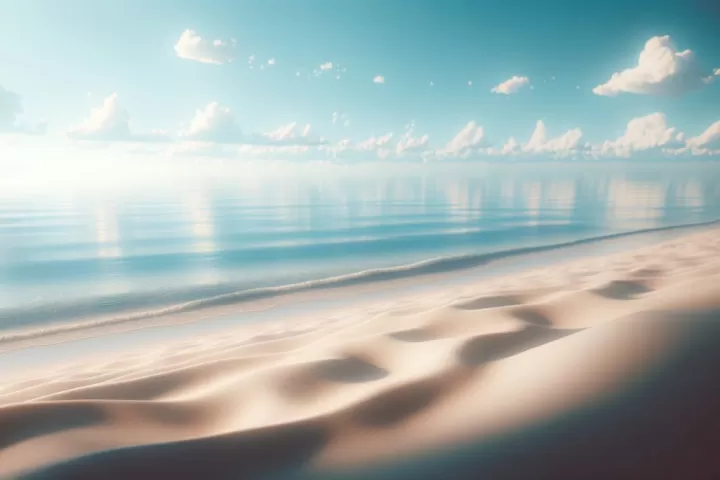 Dreamlike shoreline with soft golden sand and calm water