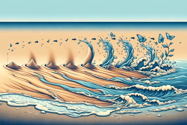 Symbolic shoreline where dry sand transforms into flowing water under a twilight sky
