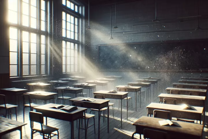 A softly lit classroom and school corridor symbolising memory, learning, pressure, and personal growth in dreams.
