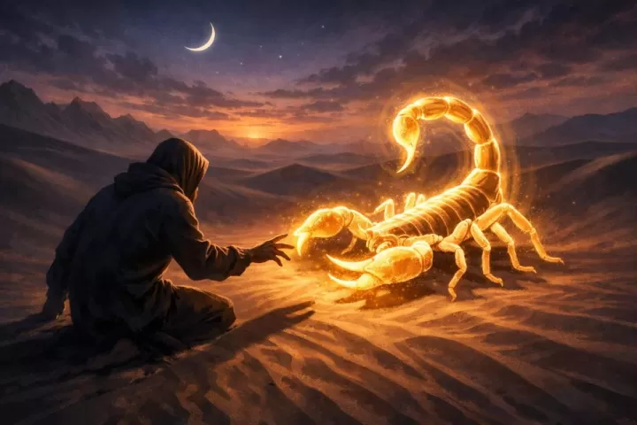 Symbolic illustration of a scorpion stinging a person's hand in a twilight desert scene