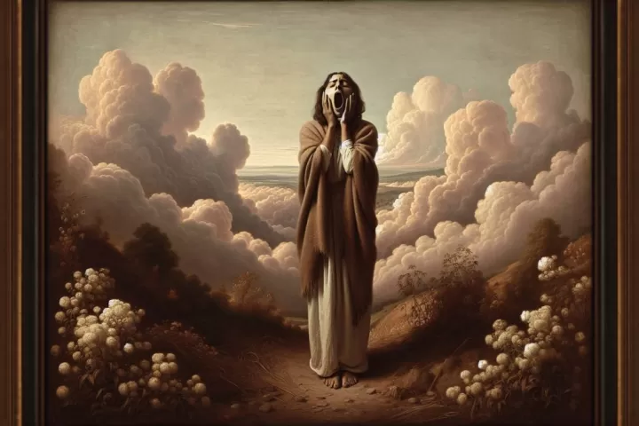 A dreamlike figure trying to scream in a moonlit landscape, symbolising blocked expression, fear, and helplessness.