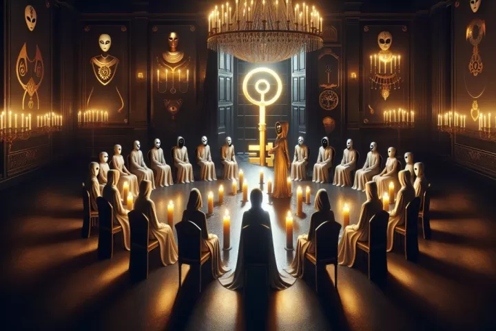 Symbolic illustration of a secret society gathering in a candlelit hall around a glowing key and closed door