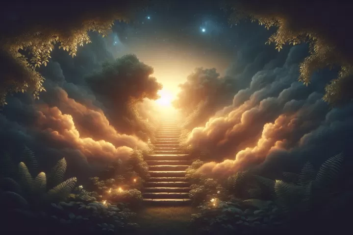 A hidden staircase rising into glowing clouds and the open sky