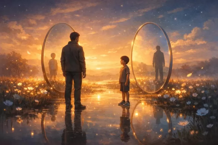 An adult meeting a child version of themselves in a glowing dreamlike landscape
