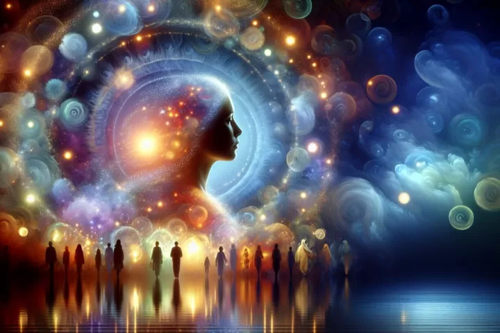 A symbolic illustration of a person seeing colourful glowing auras around people in a dreamlike setting.