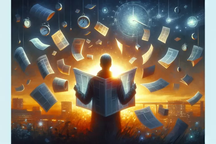 Symbolic illustration of a person viewing a glowing newspaper with future headlines surrounded by clocks and calendar pages