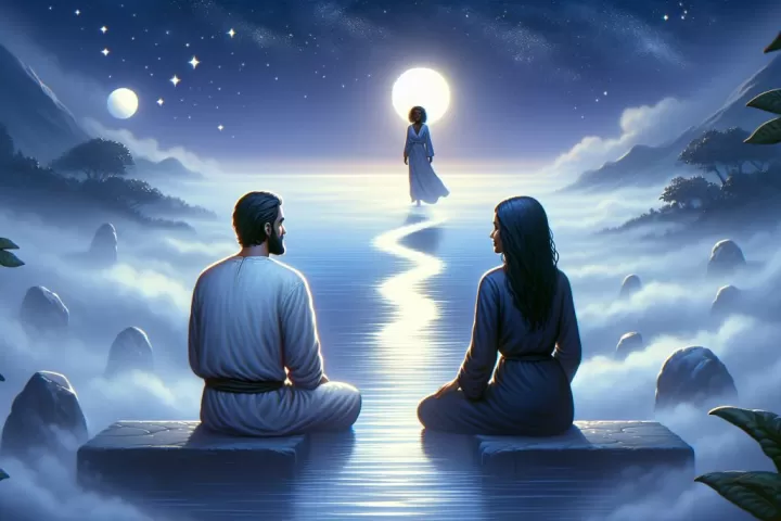 Symbolic dream illustration of someone seeing their ex happy in a peaceful moonlit landscape