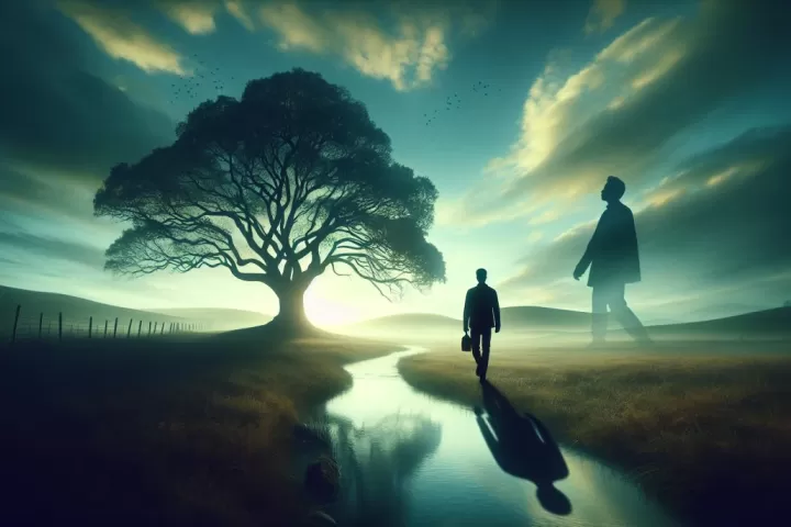 A dreamlike scene of a person moving down a dim path while a shadow slowly follows behind, suggesting fear, avoidance, and emotional pursuit.
