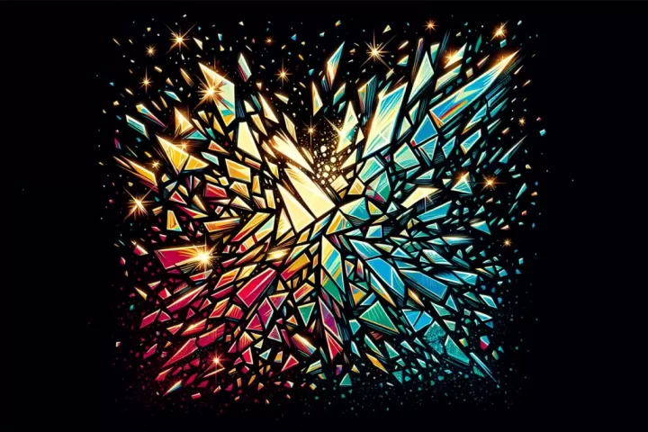 Dreamlike shattered glass suspended in darkness, reflecting light and symbolising fragility, truth, and emotional release.