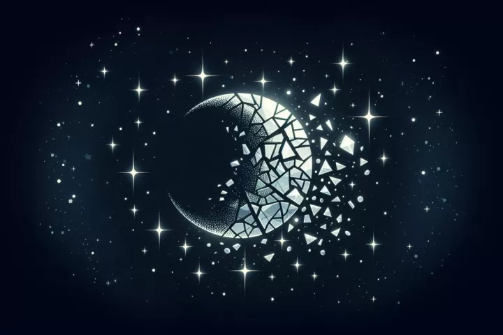 A dreamlike shattered moon floating in a dark starry sky, symbolising emotional change, disrupted cycles, and transformation.