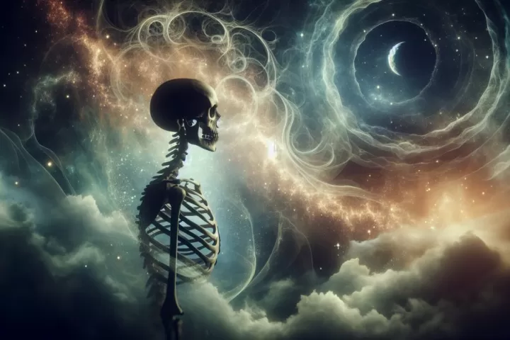 A dreamlike skeleton figure standing in moonlit mist, symbolising mortality, hidden truth, and inner structure.