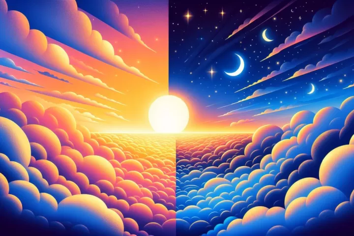A surreal sky switching rapidly between daylight and starry night, symbolising change, instability, and emotional transition.