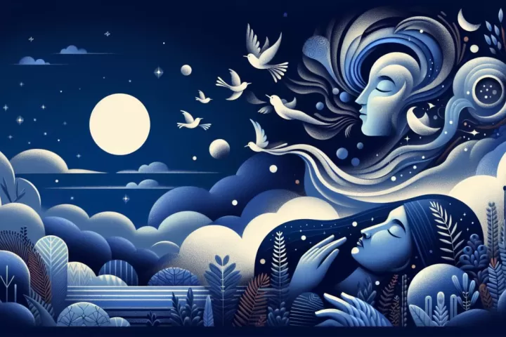 Symbolic illustration of a sleeping person feeling pressure on the chest as breath-like mist rises into the night sky