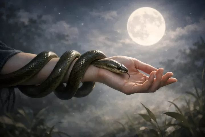 Symbolic illustration of a snake wrapped around a person's arm in a calm moonlit setting