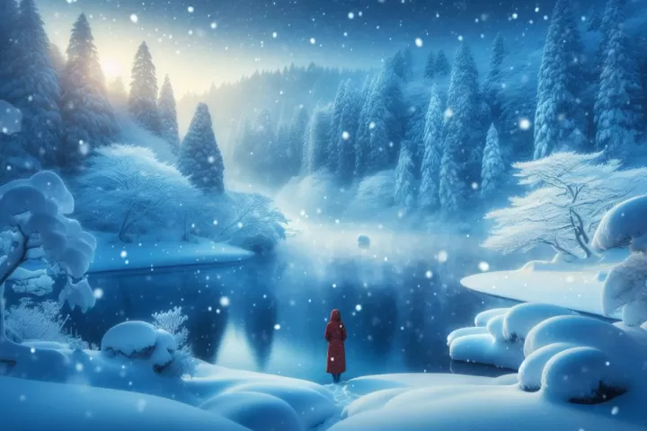 A person standing alone in a snowy landscape, with snowflakes falling around them.