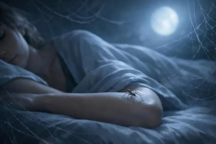 Symbolic illustration of a spider gently crawling on a person's arm in moonlight with soft web patterns