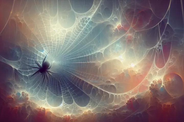 A spider weaving a web in a dreamlike setting.