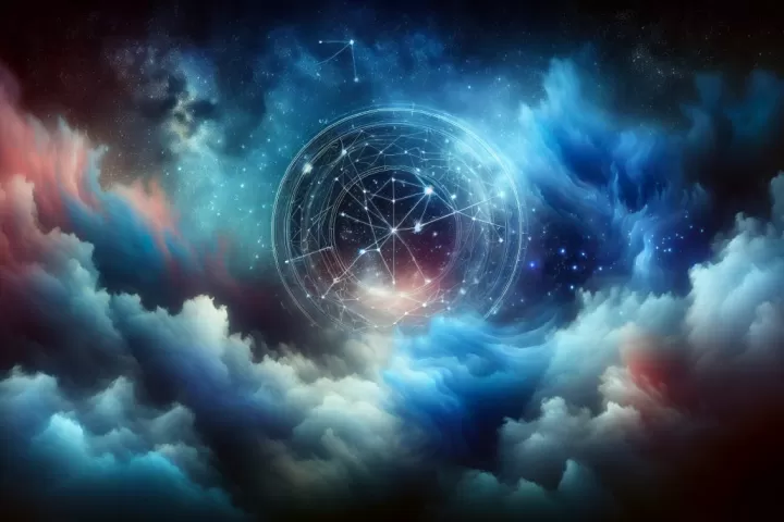 A glowing star map floating in the night sky, symbolising guidance, perspective, and cosmic direction in dreams.