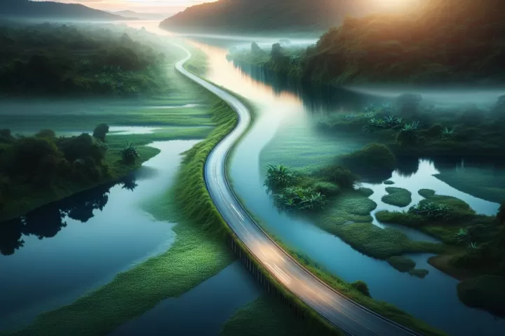 A dreamlike street dissolving into a flowing river under a surreal night sky, symbolising change and emotional transition.