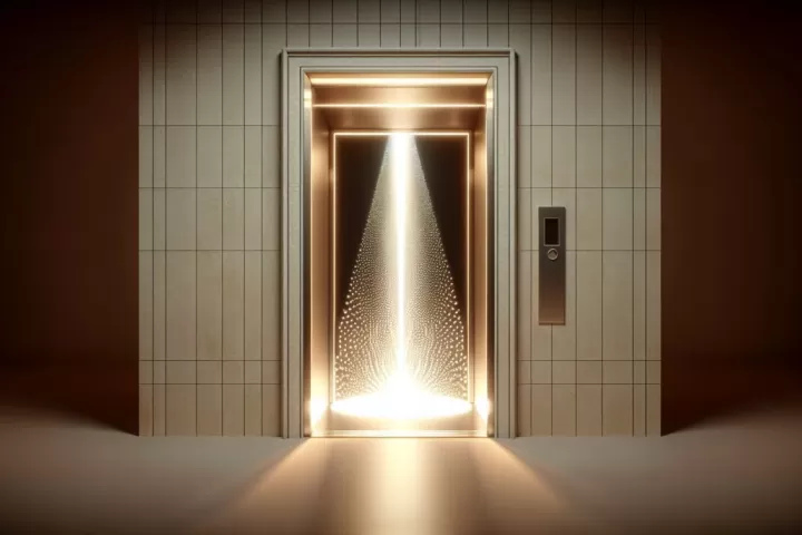 A dreamlike elevator stalled between floors with dim golden light leaking through the doors.