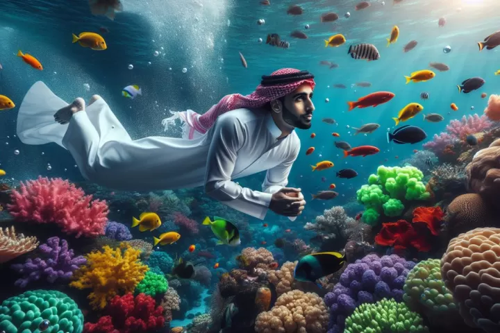 A dreamlike swimmer moving through glowing blue water, symbolising emotional flow, confidence, and self-discovery.