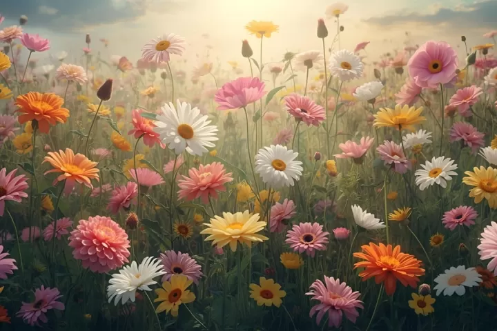 A luminous dream garden of blooming flowers representing growth, healing, beauty, and emotional renewal.