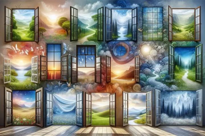 A dreamlike row of glowing windows opening onto different scenes, symbolising perspective, opportunity, and hidden emotional insight.