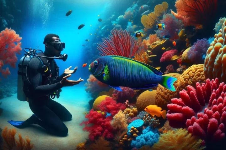 A glowing talking fish in deep water symbolising intuition, messages, and emotional truth
