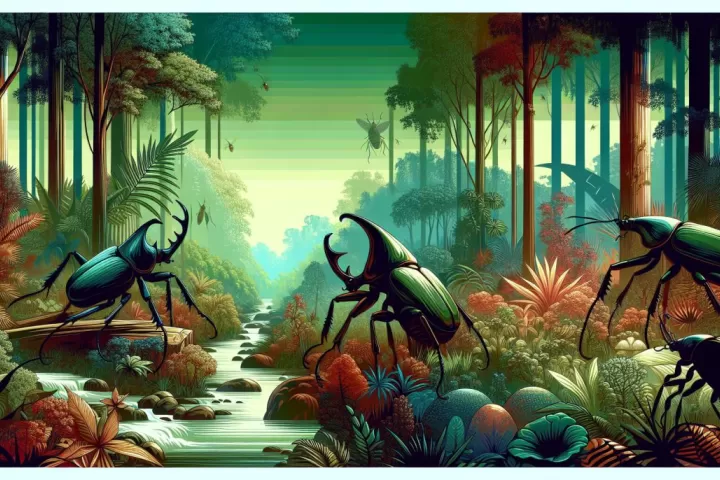 A vibrant forest scene with giant insects engaging in conversation, symbolizing communication and introspection.
