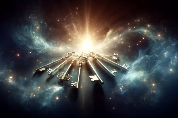 A luminous set of old keys floating in a dreamlike dark space, symbolising access, hidden truth, and life choices.