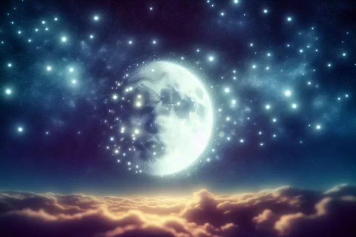 A glowing moon speaking over a dark dreamlike sky, symbolising intuition, emotional reflection, and inner guidance.