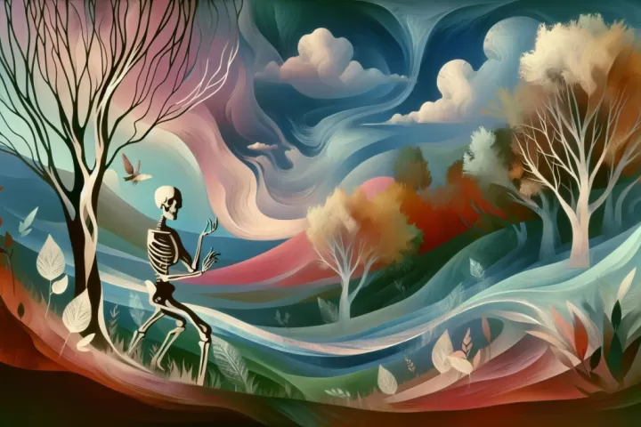 A dreamlike talking skeleton glowing in a dark symbolic landscape.
