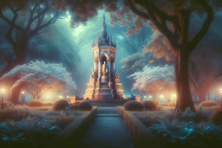 Ancient stone statues speaking in a dreamlike setting, symbolising guidance and responsibility.