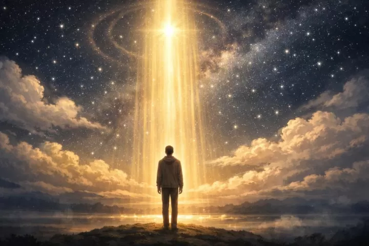 Symbolic illustration of a person under a starry sky speaking toward a soft golden light above
