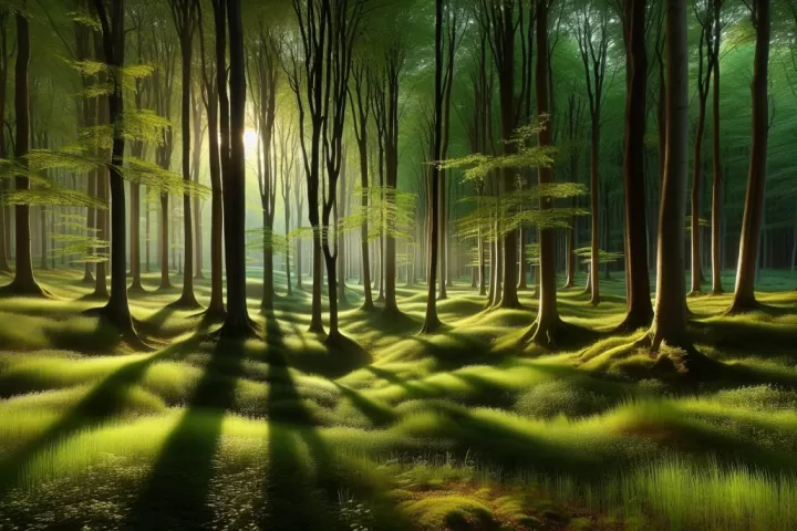 A dreamlike forest scene with ancient talking trees glowing softly, symbolising wisdom, guidance, and nature’s voice.