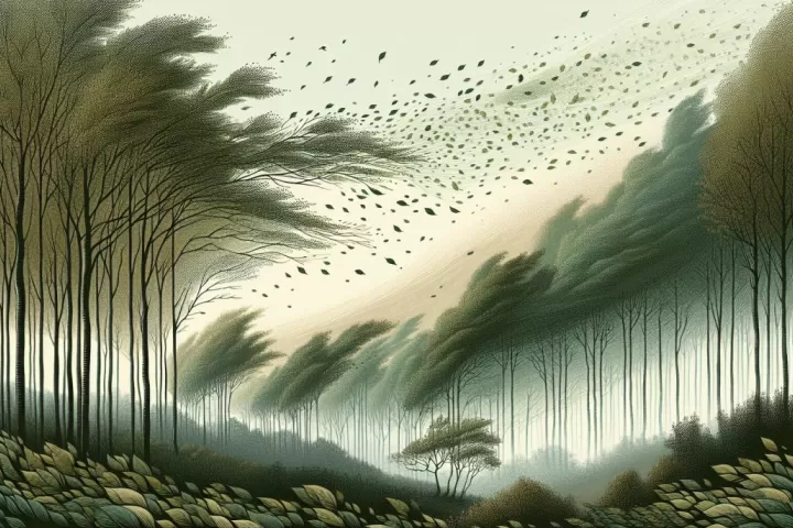Trees bending in a mysterious wind under a twilight sky, symbolising messages, change, and inner guidance