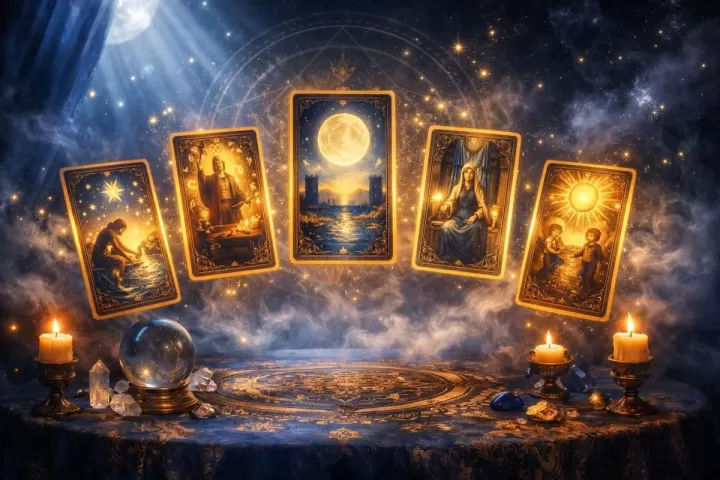 Symbolic illustration of glowing tarot cards appearing in a moonlit dreamlike setting